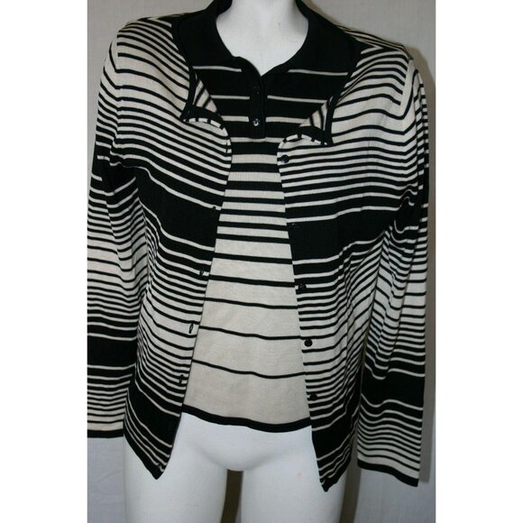August Silk Womens Black White Striped Cardigan Top Twin Set Size Medium - Picture 1 of 5